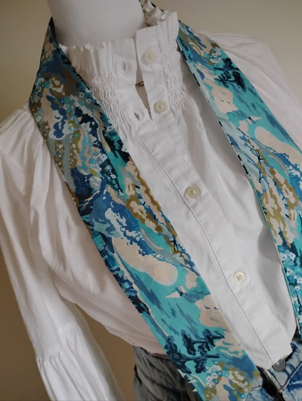 Liberty Art Fabric Tana Lawn Skinny Scarf Coastal Landscape Blue Sailboat Beach - Picture 12 of 15